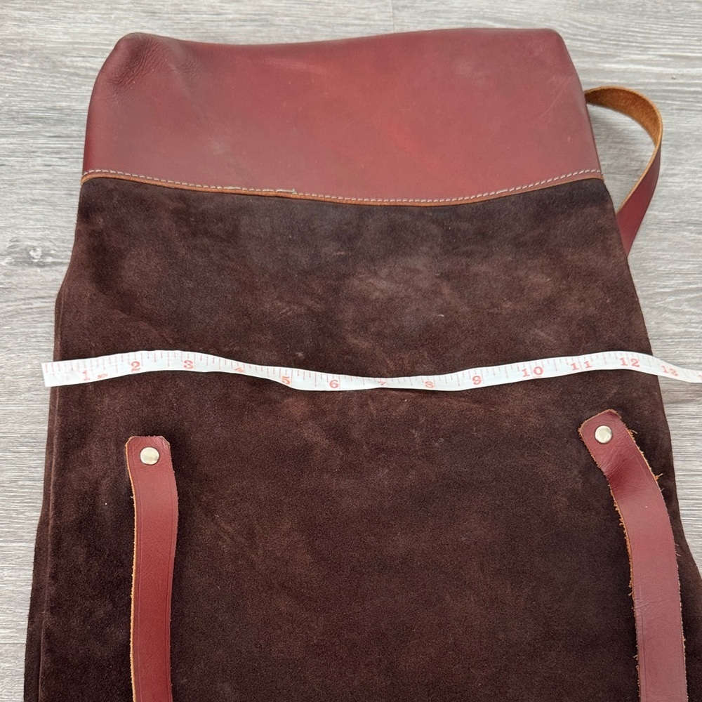 Handmade Suede and Leather Brown and Burgundy Fold Over Slouchy Bucket Bag - Picture 10 of 14